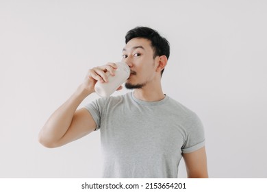 Happy Asian Man Drink Good Taste Healthy Chicken Protein Shake Recipe.