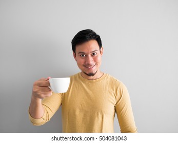 Happy Asian Man Feels Refresh By Drink And Smell A Cup Of Coffee.