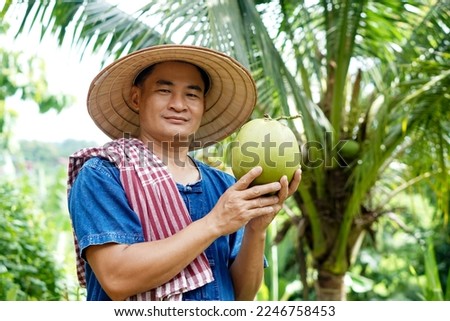 Happy Asian man gardener holds organic coconut fruit at his garden .Concept , Agriculture crop in Thailand. Thai farmers grow coconuts 