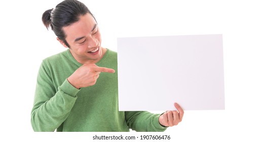 Happy Asian Man Holding Whiteboard Pointing With His Finger. Isolated On White Background