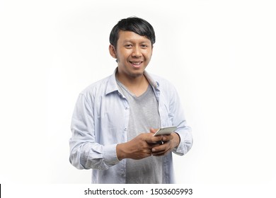 Happy Asian Man Phone. Man Happy With Smartphone