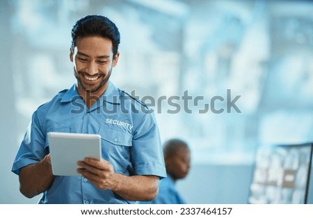 Happy asian man, security guard and tablet for surveillance, research or browsing at the office. Male person, police or officer smile on technology for social media, networking or communication