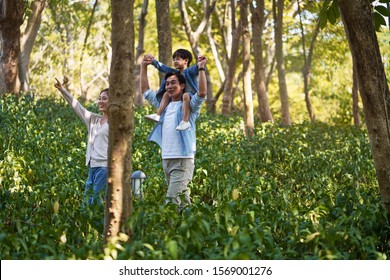 Happy Asian Mother Father And Son Walking In Woods