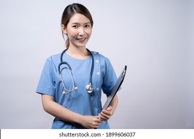 Happy Asian Nurse Woman Smile Face, Isolated On White Background.