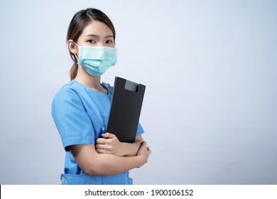 Happy Asian Nurse Woman Smile Face, Isolated On White Background.