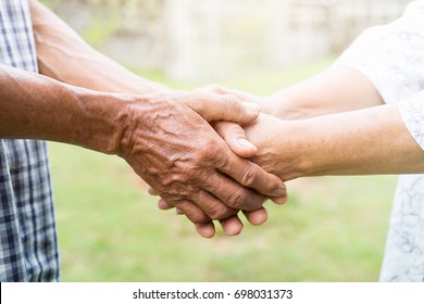 Happy Asian Older, Elderly Couples Are Holding Hands, Concept Of Take Care Mature Together.