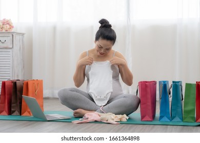 Happy Asian Pregnant Shopping Baby Product Online Store