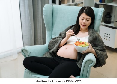 Happy asian pregnant young woman cover blanket sitting eating fruit salad on single sofa at home. elegant maternity lady with big belly enjoy vegan meal relax on couch in house living room indoor