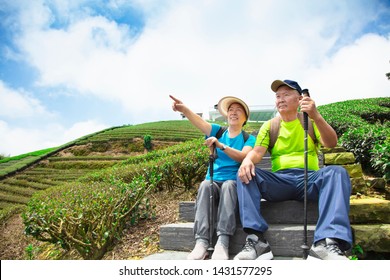 Happy Asian Senior Couple Hiking In The Nature