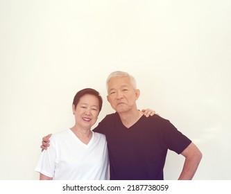 Happy Asian Senior Couple Laughing Smiling Together White Background Banner