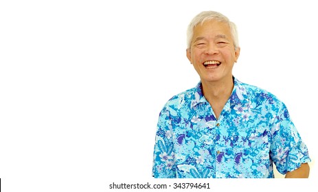 Happy Asian Senior Guy On Blue Hawaii Shirt Laughing On White Isolate Background 