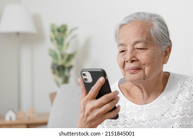 Happy Asian Senior Woman Using  Smartphone At Home. Grandparent Call To Family Member Using Mobile Phone Application.