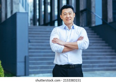 Happy Asian In Shirt Outside Near Office, Portrait Of Successful Businessman, Looking At Camera And Smiling