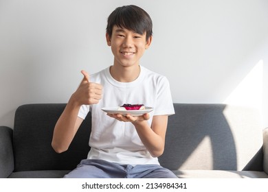 Happy Asian Teen Boy Holding Blueberry Cheesecake Cake sit on sofa at home.