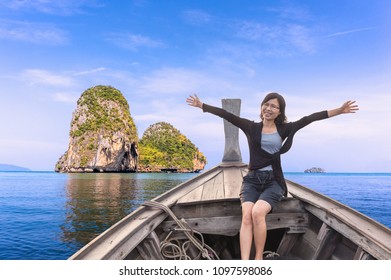 Happy Asian Tourist Girl 45 Years Old Relaxing On Boat Her Arms Open Feeling Freedom 