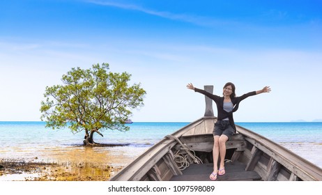 Happy Asian Tourist Girl 45 Years Old Relaxing On Boat Her Arms Open Feeling Freedom