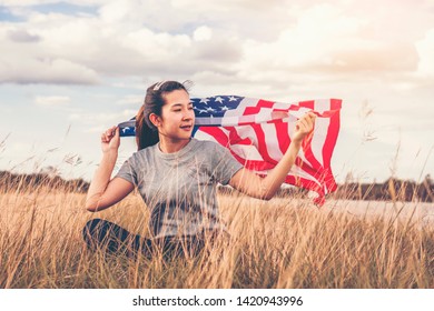 Happy Asian Woman American Flag Usa Stock Photo 1420943996 | Shutterstock