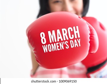 Happy Asian Woman With Boxing Gloves,woman's Day Concept.
