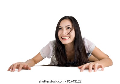 Happy Asian Woman Crawling On The Floor, Isolated On White Background