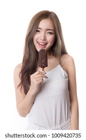 Happy Asian Woman Eating Ice Cream, Isolated On White Background