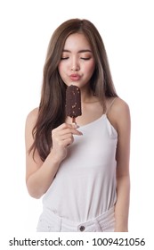 Happy Asian Woman Eating Ice Cream, Isolated On White Background