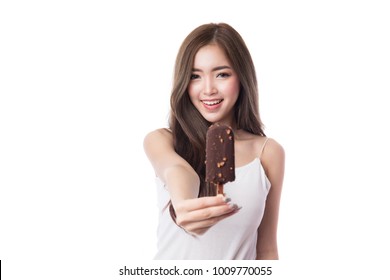 Happy Asian Woman Eating Ice Cream, Isolated On White Background