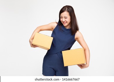 Happy Asian Woman Holding Package Parcel Box, Delivery Courier And Shipment Service Concept