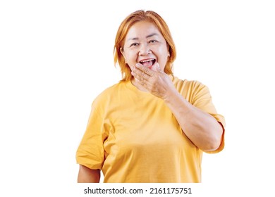 Happy Asian Woman Laughing On White Background. Old Women's Enjoyment.