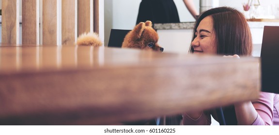 A Happy Asian Woman Looking And Playing With Pomeranian Dog In Cafe