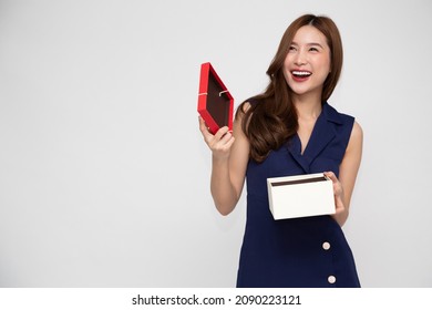 Happy Asian Woman Opening Gift Box Isolated On White Background