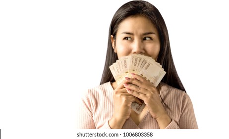 Happy Asian Woman Smiling Hand Holding Money Standing Isolated On White Background Plan To Shopping 