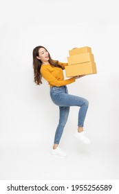 Happy Asian Woman Smiling And Holding Package Parcel Box Isolated On White Background, Delivery Courier And Shipping Service Concept, Full Length People Composition