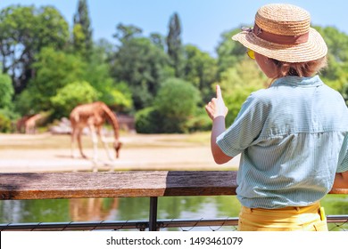 Happy Asian Zoology Student Girl Looking At Giraffe Drinking From Lake