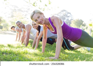 Happy athletic group training on a sunny day - Shutterstock ID 256328386