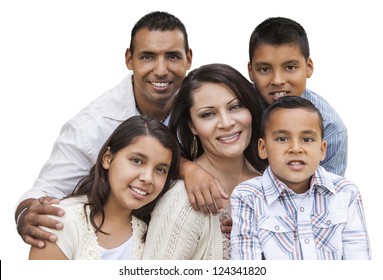Happy Attractive Hispanic Family Portrait Isolated on a White Background.