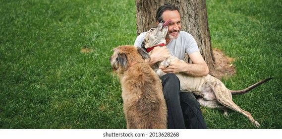 Happy attractive mature man 50 years old resting on the grass while walking with his dogs, tender hugs and kisses with pets