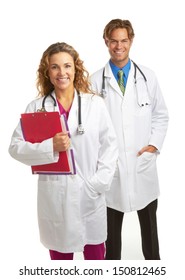 Happy Attractive Young Doctors Fresh From Med School Isolated On White Background.