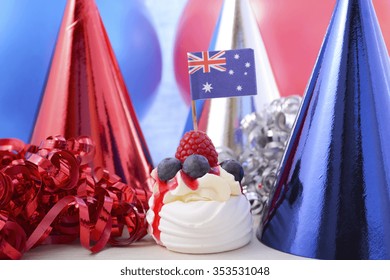 Happy Australia Day Party In Red, White And Blue Theme With Mini Pavlova And Party Decorations. 