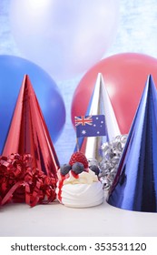 Happy Australia Day Party In Red, White And Blue Theme With Mini Pavlova And Party Decorations. 