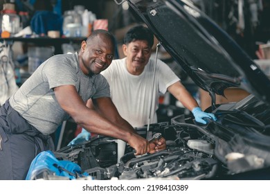 Happy Auto Mechanics Service Team Staff Worker Enjoy Working Together Portrait Happy Smiling