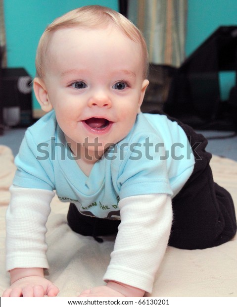 Happy Baby Boy Blonde Hair Blue Stock Photo Edit Now 66130201