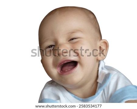 Happy baby boy laughing with a huge toothless grin on a white background