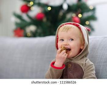 Happy Baby In Christmas Suit Eating Cookie