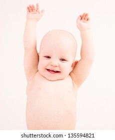 Happy Baby With Hands Up, Against White Background