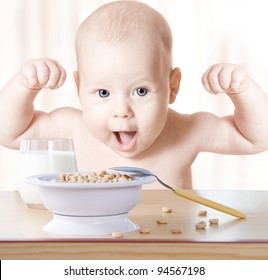 Happy baby meal: cereal and milk. Concept: healthy food makes child strong and health
