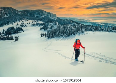 Happy backpacker woman on fresh powder snow, ski touring on the snowy hills. Backcountry skier woman with backpack and mountain equipment on the slope, Carpathians, Transylvania, Romania, Europe