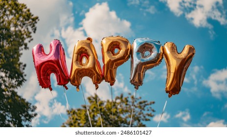 Happy Balloons Against a Blue Sky suitable for business background, posters, wallpapers, banners, greeting cards, and advertising for business entities or brands.  - Powered by Shutterstock