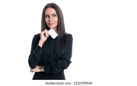 Happy Banker Holding Plastic Bank Card. Businesswoman Showing Business Debit Credit Card