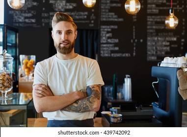 Happy Barista Standing At Trendy Coffee Shop, Cafe - Small Business Concept