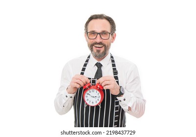 Happy Barman Studio. Professional Barman Holding Clock. Happy Hour. Bar Time. Bar Owner Man